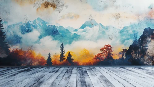 Digital painting mountain mural with misted forest horizon.