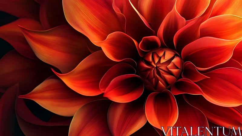 Scarlet Dahlia Petals Unfold in Dimensional Splendor.