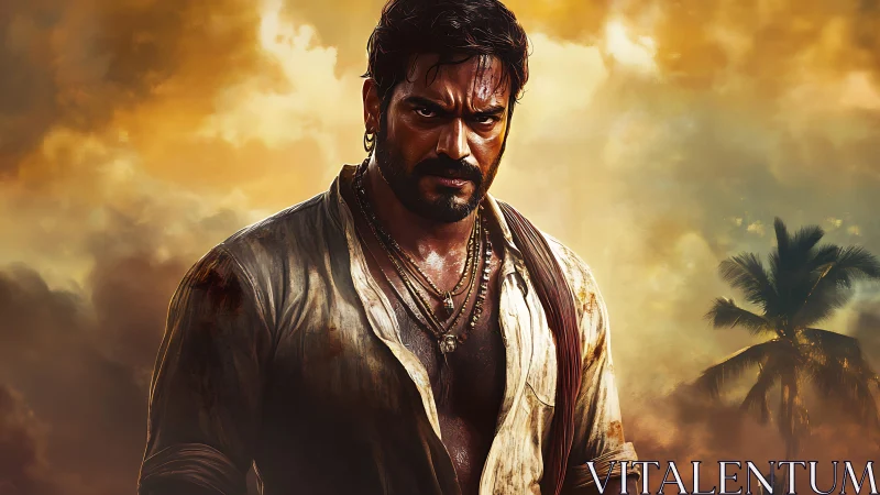 Brooding man in tropical sunset with dramatic sky backdrop.