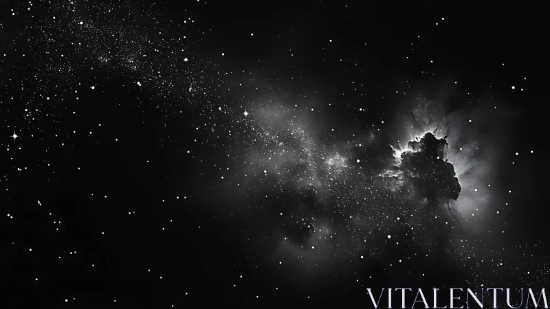 Monochrome interstellar starfield with dense gas cloud.