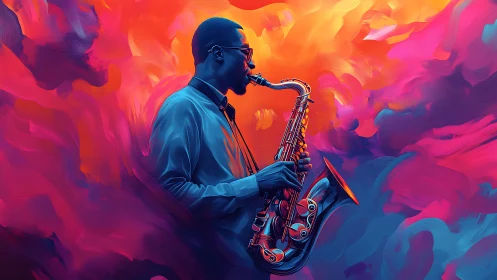 Saxophonist immersed in swirling neon jazz colors.