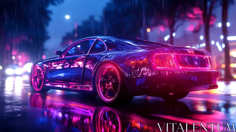 Neon sports coupe idles on rain-soaked cyberpunk boulevard