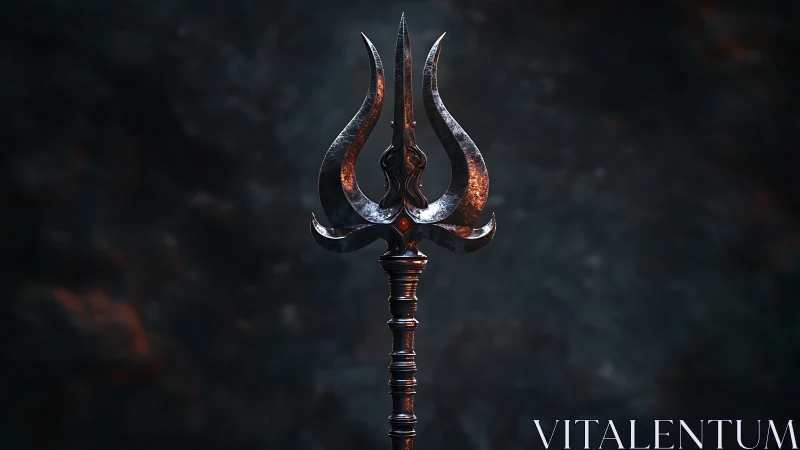 Forged metal trident staff with weathered procedural shading