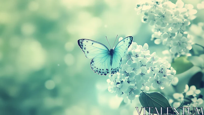 Pastel blue butterfly over soft white blossom cluster.