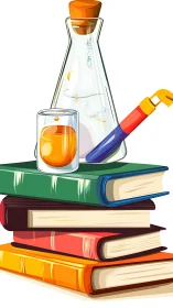 Laboratory glassware and books create stylized science concept
