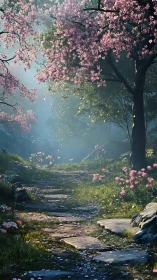 Stone garden path under pink blossom trees in soft light.