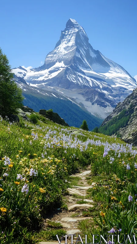 Alpine rock spire above floristic trail in clear atmospheric optics.