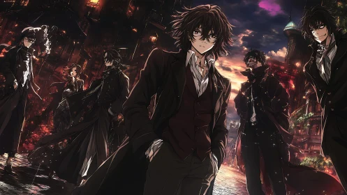 Victorian noir ensemble in ember-lit anime streetscape.