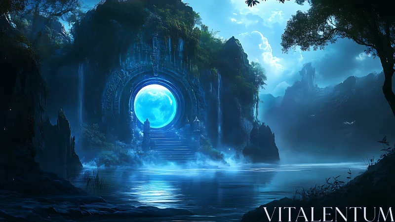 Luminous moon portal within misty ancient canyon temple.