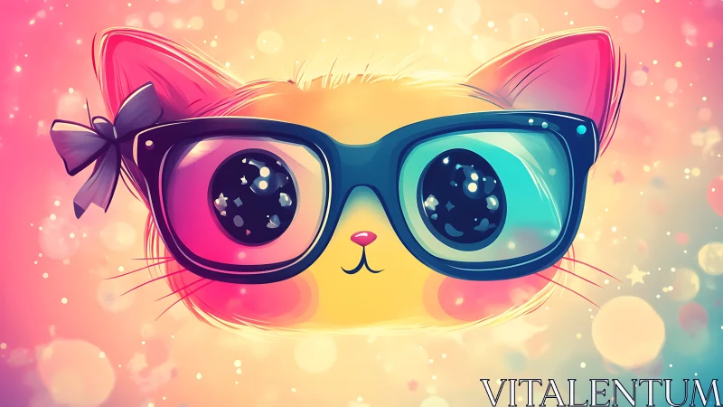Stylized Cat Face Wearing Oversized Glasses with Pink Bow