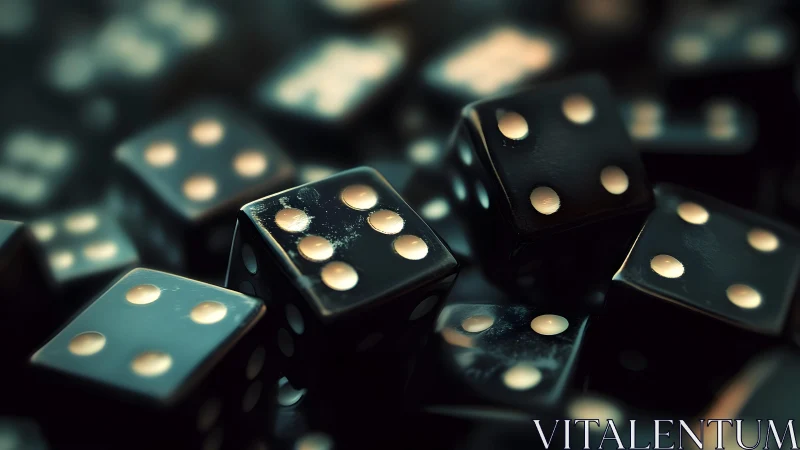 Glossy black dice cluster captures shimmering metallic pips