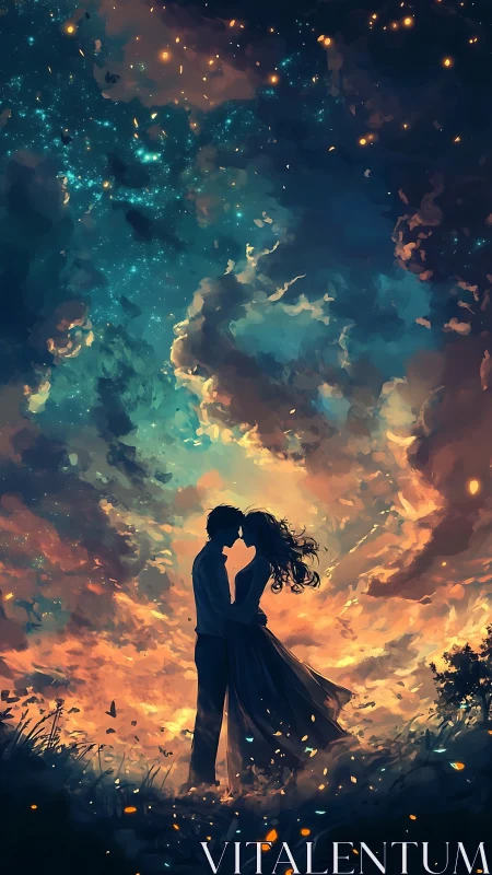 Silhouetted couple embracing beneath turbulent sky with luminescent atmospheric phenomena