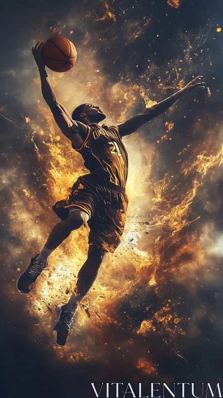 Dynamic digital painting of basketball player in fiery ascent.
