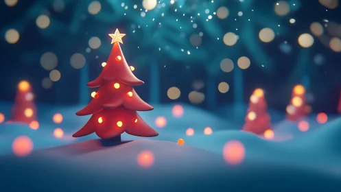 Glowing red Christmas tree warms a dreamy winter forest night