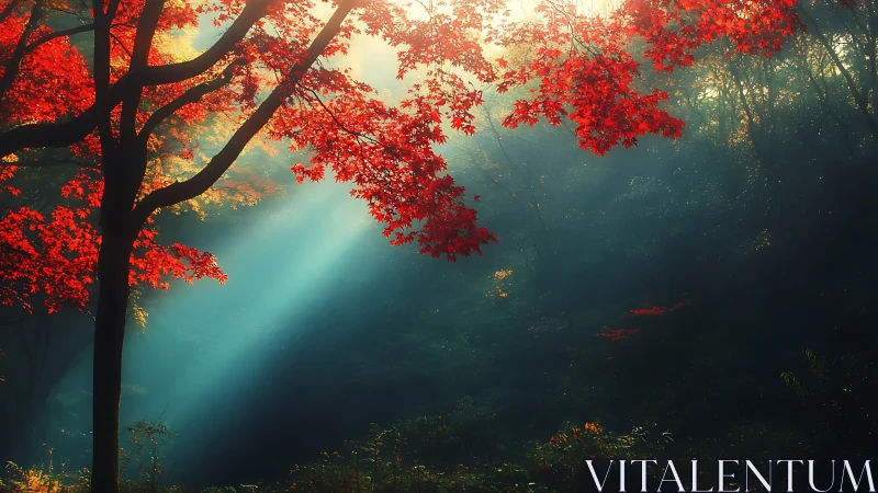 Backlit Deciduous Forest Canopy with Crimson Japanese Maple Foliage