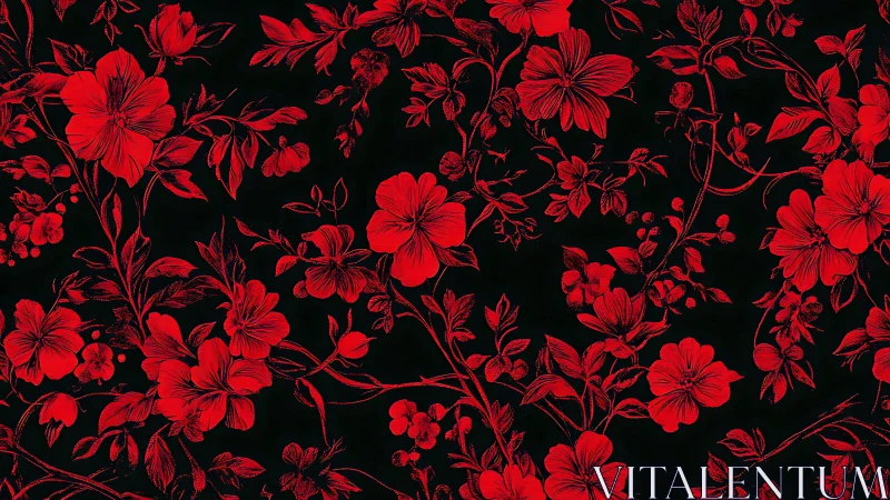 Red Botanical Florals Against Deep Black Background. Intricate Linework.