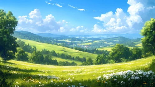 Bright summer valley landscape with rolling green hills.