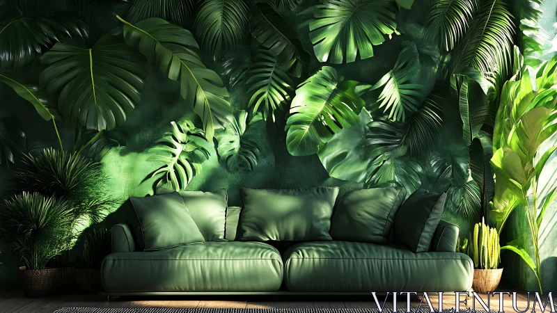 Jungle green sofa lounges beneath a luminous indoor canopy