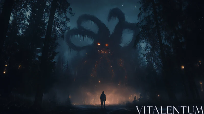 Lone figure confronts colossal glowing demon in stormy forest.