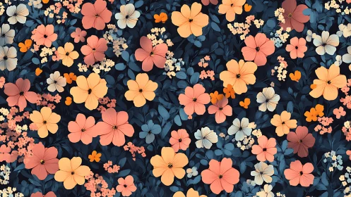 Botanical digital composite: Polychromatic floral field with navy foliage base layer