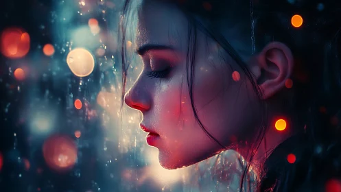 Soft city rain cradles a quiet girl in glowing night light
