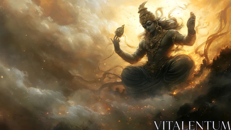 Celestial deity drifts through blazing clouds of dawnfire.