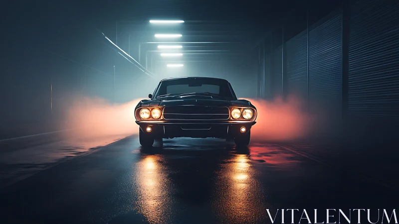 Classic coupe in foggy tunnel under artificial lighting.
