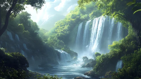 Multi-tiered rainforest waterfalls in humid morning backlight