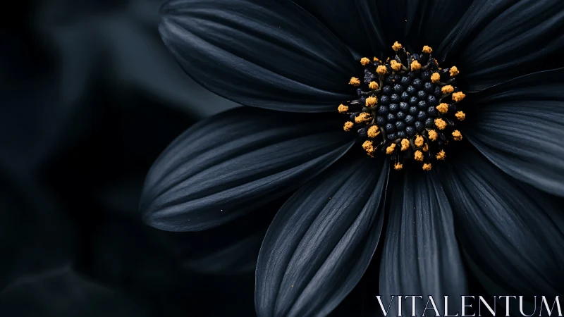 Black flower with golden stamens and dark background.