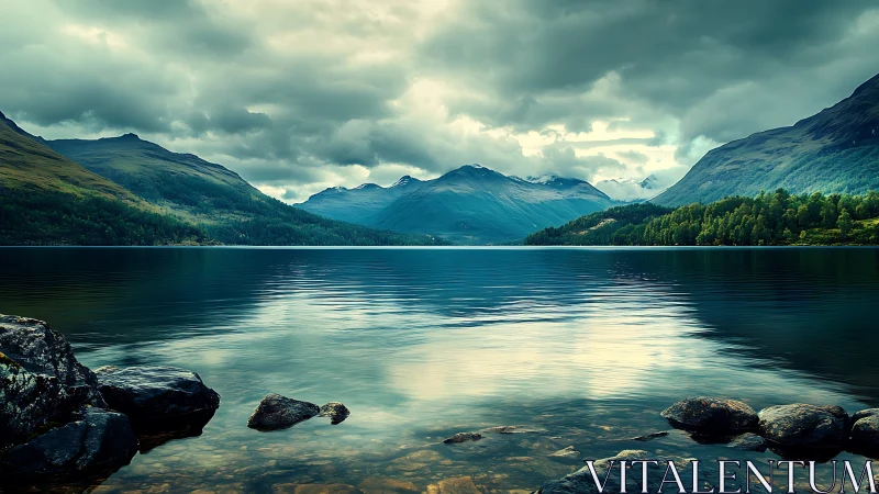 Quiet mountain lake under brooding clouds and soft light.