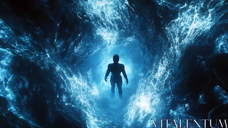 Digital painting silhouette in luminous aqueous vortex corridor.