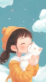 Girl kisses white cat in soft stylized sky scene