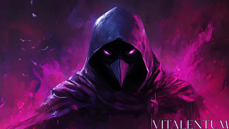Hooded raven-masked figure emerges through neon magenta haze.