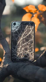 Smartphone with shattered screen on tree branch at dusk.