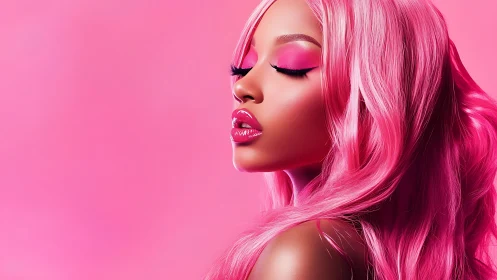 Profile portrait shows stylized woman in monochrome pink context