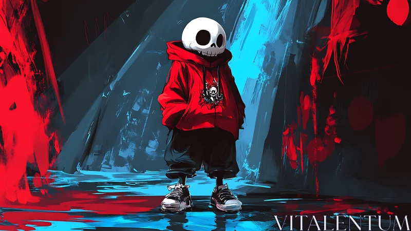 Hooded skeleton kid stands in neon alley with saturated contrast