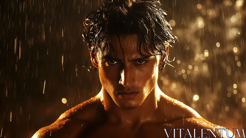 Cinematic low-key portrait of intense male figure in rain.