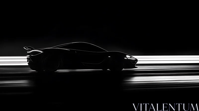 Supercar silhouette cuts through linear light trails at speed.