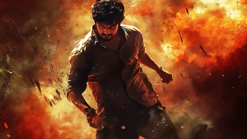 Heroic fighter strides through roaring firestorm of chaos.