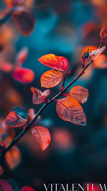 Autumn leaves glow against a soft teal forest backdrop