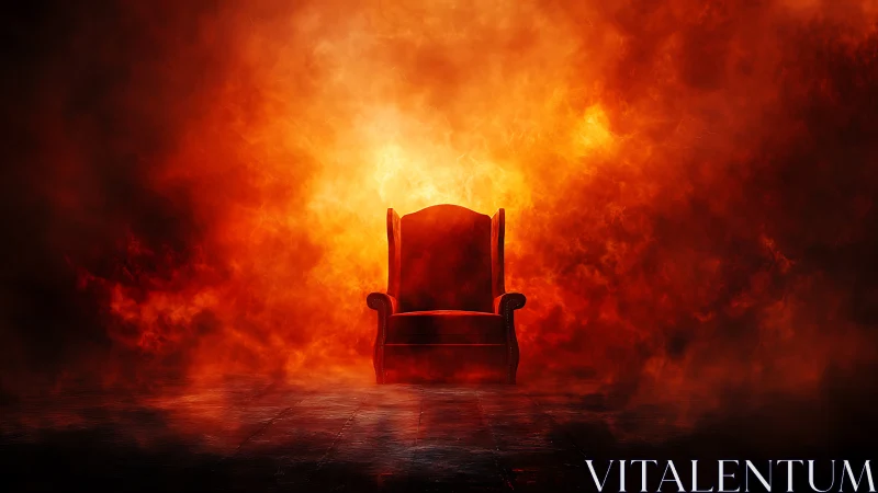 Red armchair silhouetted against intense flame and smoke environment