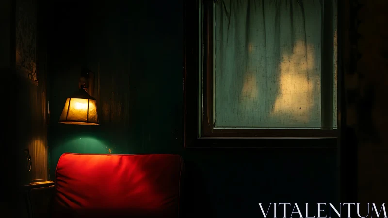 Dim lamp illuminates red chair beside curtained window