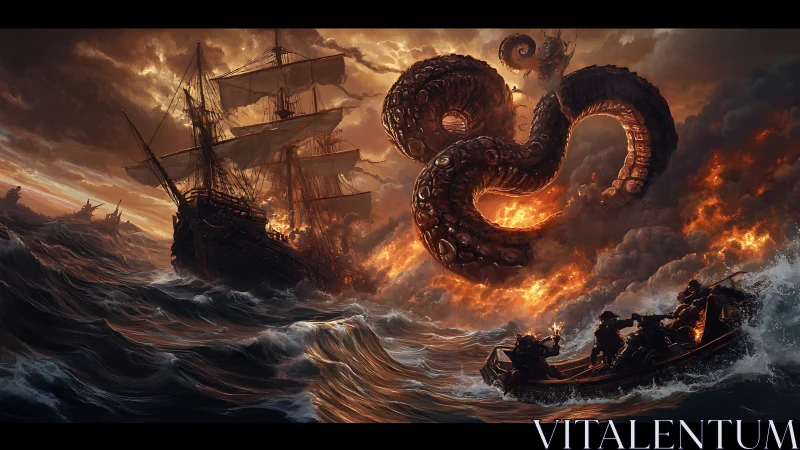 Kraken coils in firelit storm as warship and sailors clash.