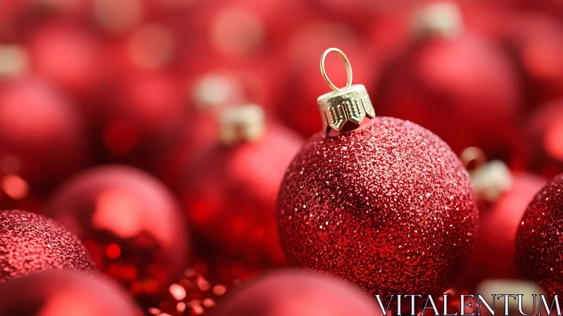 Red glitter Christmas baubles in soft focus closeup.