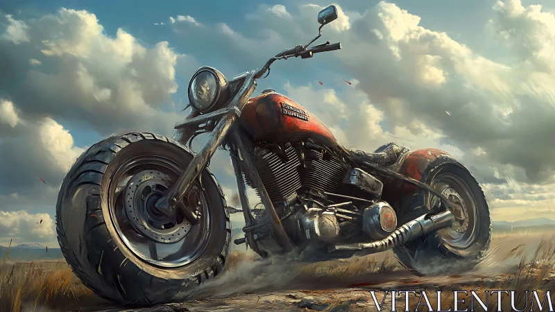 Powerful red motorcycle resting under wide open skies.