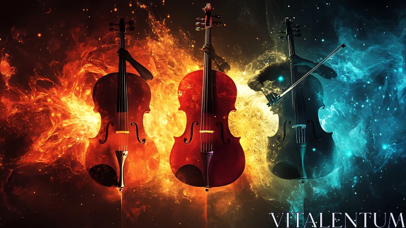Fiery and icy cellos share a cosmic stage in glowing harmony
