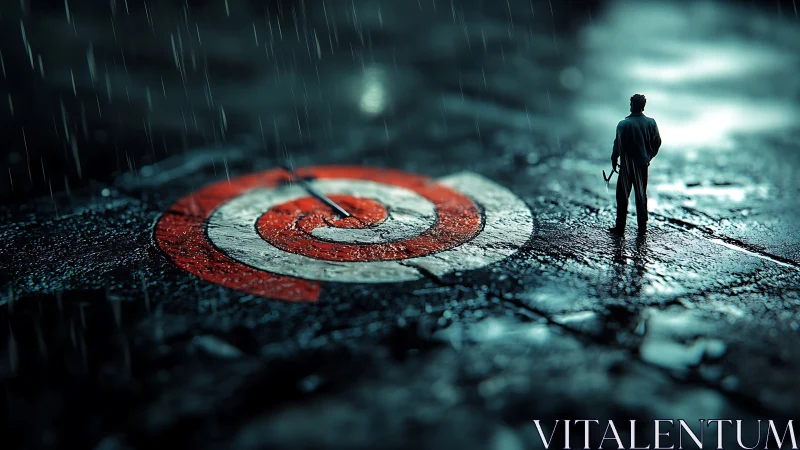 Cinematic rainy alley target with solitary figure silhouette.