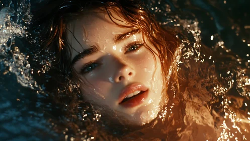 Woman’s illuminated face emerging from rippling water.