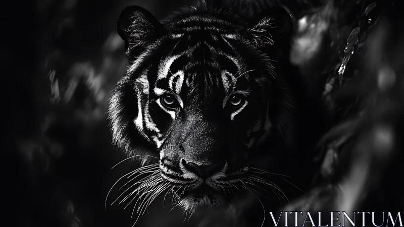 Monochrome close-up shows tiger face emerging from darkness