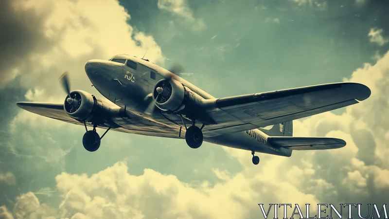 Vintage twin‑engine airliner climbs through glowing clouds.
